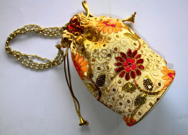 Ethnic Embroidered Flower Design Light Golden Color Potli Bag with Beads Sling 9inch