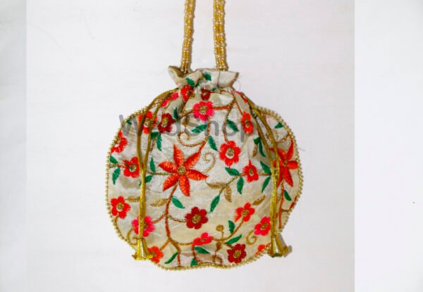 Ethnic Embroidered Phulkari Design with Cream Color Background Potli Bag 9inch