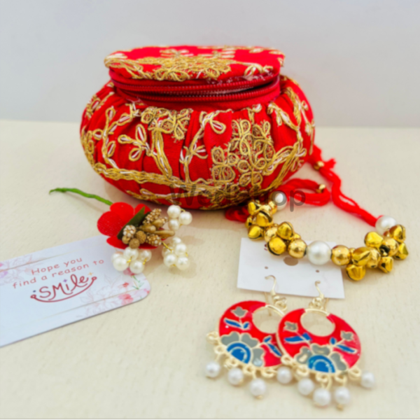 Matka Potli Gift Hamper Size 5 Inch (4 Items) Matka Potli - Earring - Hair Pin - Gana Bracelet