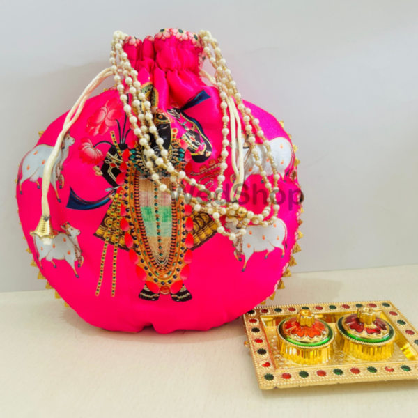 Shri Nath ji Printed Potli Gift Hamper Pink Color (2 Items)  Potli - Tikka Tray Golden