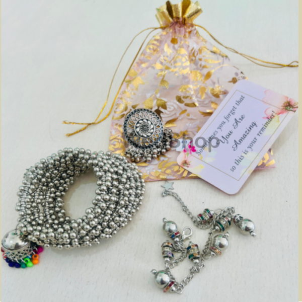 Simple Potli Gift Hamper Transparent look (4 Items) Potli - Oxidised Bangle - Ring - Anklet