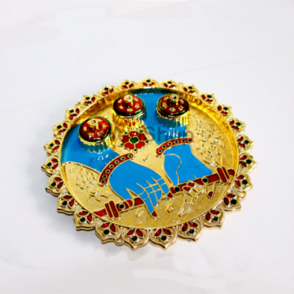 Haldi kumkum Plate for Festive Occasions - Meenakari golden Tikka Thali-8"