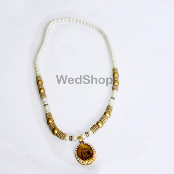 Barat Guest Welcome Mala with Locket of Radha Krishna White - Golden Beads 16" MOQ 20