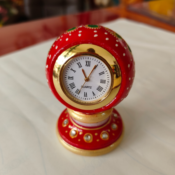 Marble Analogue Table Clock Small -  Hand Painted Work Decorative - Red Color