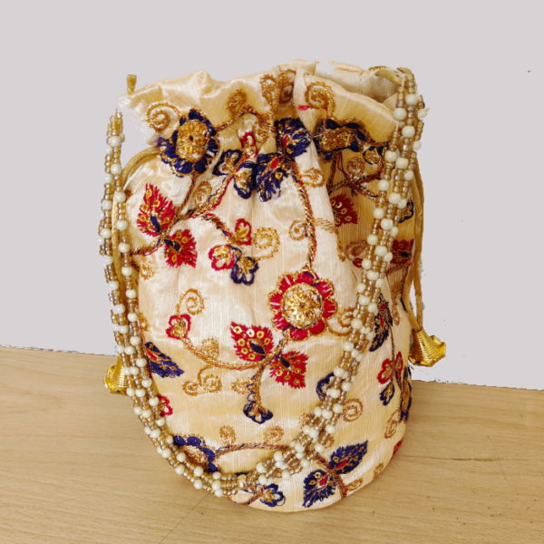 Ethnic Embroidered Design Light Golden Color Potli Bag with Beads Sling 9inch